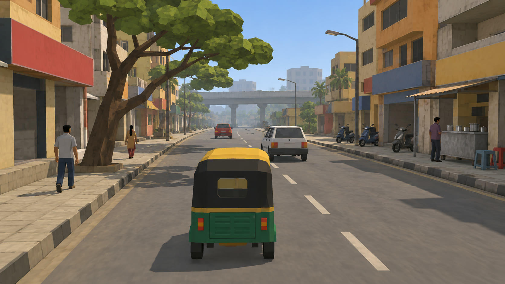 Concept art: Koramangala street in daylight with autos, scooters and shops.