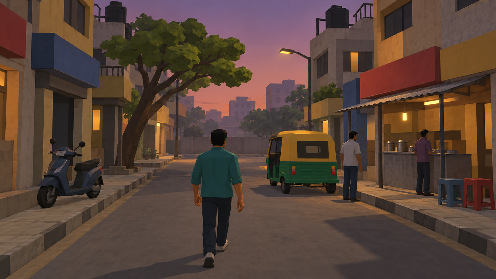 Concept art: Arjun walks down a Koramangala street at dusk past a parked auto-rickshaw and a tea stall.