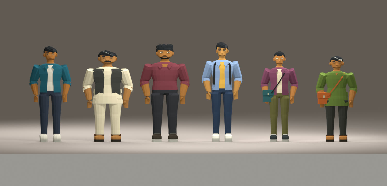 Blender render of the six character models in a row.